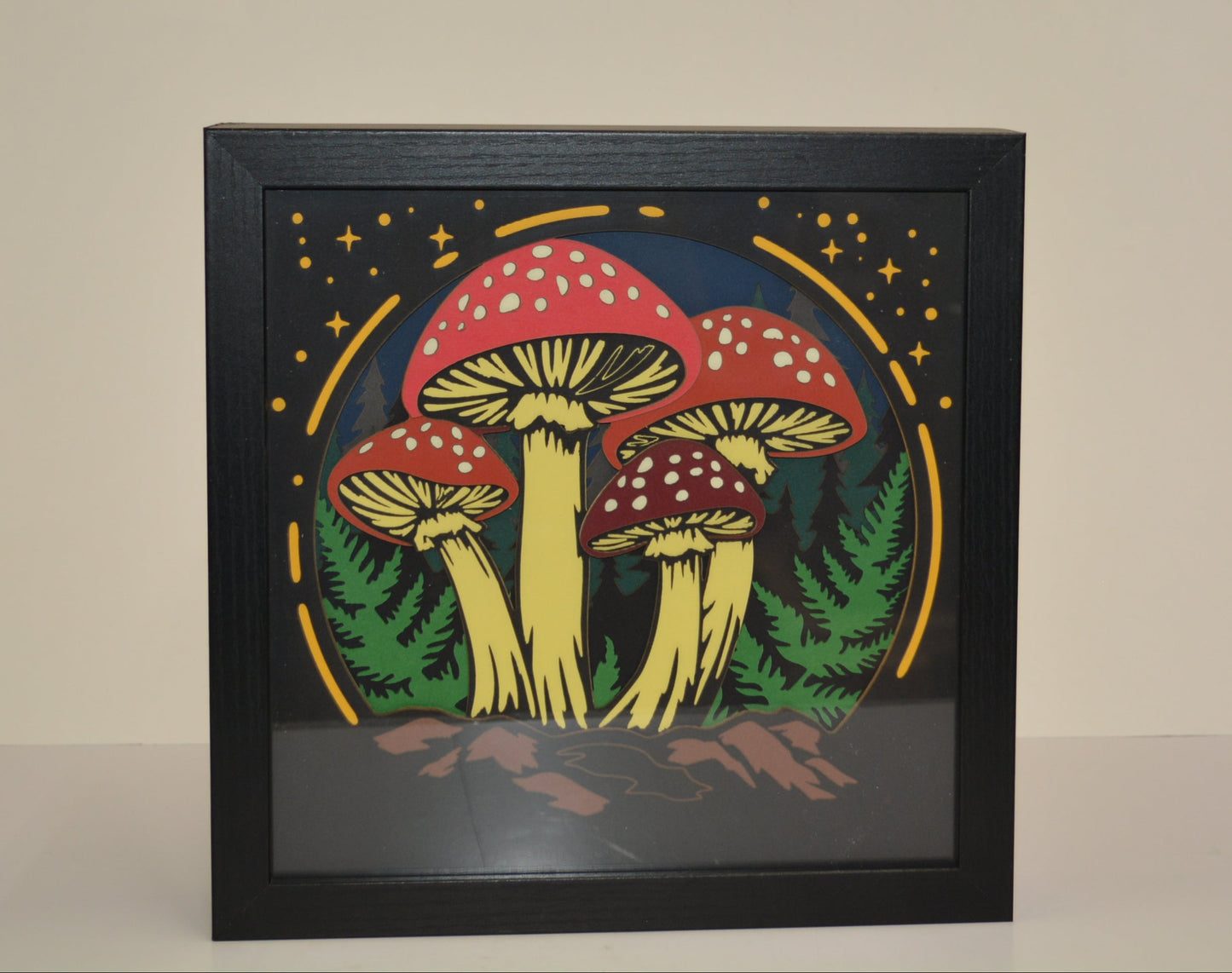 3D Cardstock Mushrooms Shadow Box Frame 9" x 9"