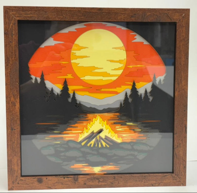 3D Cardstock Mountain Campfire Shadow Box Frame 9" x 9"