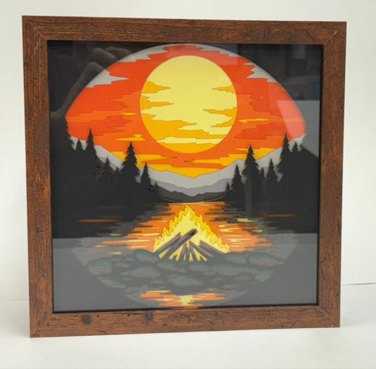 3D Cardstock Mountain Campfire Shadow Box Frame 9" x 9"