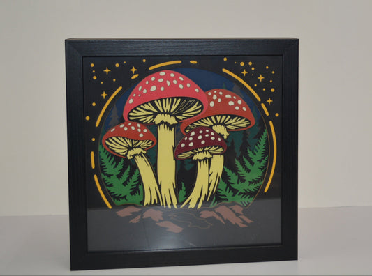 3D Cardstock Mushrooms Shadow Box Frame 9" x 9"